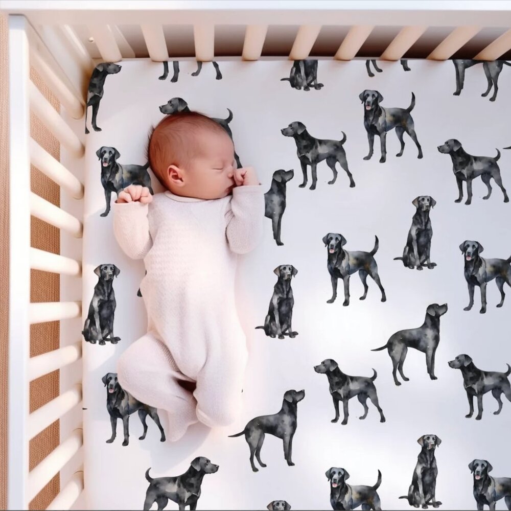 Mini Crib Black Lab Standard Fitted Crib Sheet. Dog Nursery. Dog Lover Baby